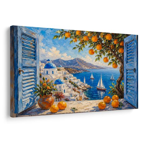 WANDBILD KÜSTE VON SANTORINI MIT ORANGEN - BILDER MEER UND STRAND - BILDER