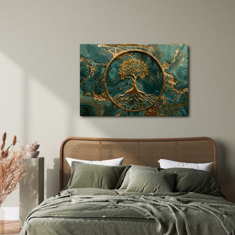 SLIKA ZLATNO STABLO ŽIVOTA NA SMARAGDNOJ POZADINI - SLIKE STABLA ŽIVOTA - SLIKE