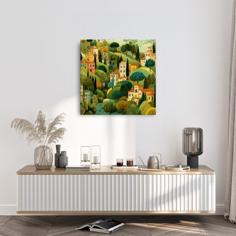 WANDBILD DÖRFLICHE HÄUSER ZWISCHEN BÄUMEN - BUNTE HÄUSER - BILDER