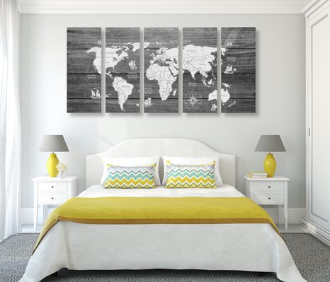 5-TEILIGES WANDBILD SCHWARZ-WEISSE WELTKARTE AUF HOLZ - WELTKARTEN ALS BILDER - BILDER