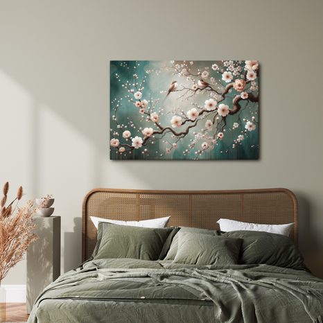 OBRAZ PTÁČCI NA VĚTVI SAKURY - OBRAZY KVĚTŮ - OBRAZY