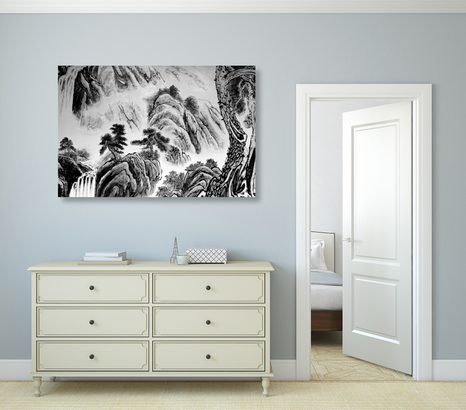 OBRAZ ČÍNSKÁ KRAJINOMALBA V ČERNOBÍLÉM PROVEDENÍ - ČERNOBÍLÉ OBRAZY - OBRAZY