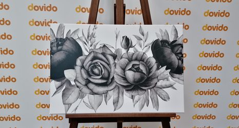 WANDBILD BEZAUBERNDE KOMBINATION VON BLUMEN UND BLÄTTERN IN SCHWARZ-WEISS - SCHWARZ-WEISSE BILDER - BILDER