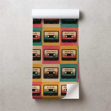 SAMOLEPILNA TAPETA RETRO KASETE V VINTAGE SLOGU - GLASBENE FOTOTAPETE - TAPETE