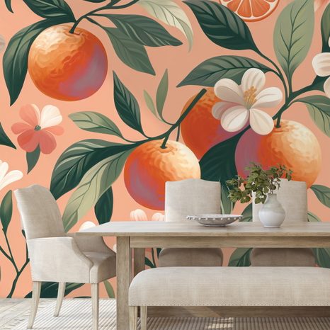 TAPETE ORANGEN UND BLUMEN AUF APRIKOSENFARBENEM HINTERGRUND - TAPETEN MIT ESSEN UND GETRÄNKEN - TAPETEN