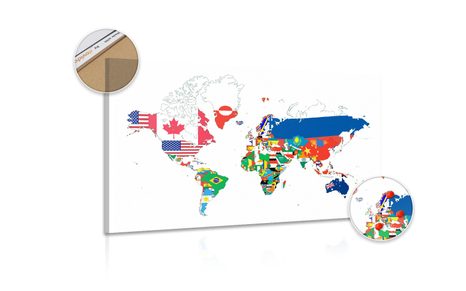 WANDBILD AUF KORK WELTKARTE MIT FLAGGEN AUF WEISSEM HINTERGRUND - WANDBILDER AUF KORK - BILDER