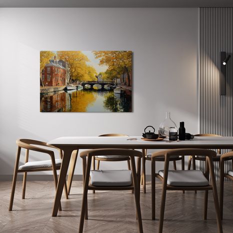 OBRAZ PODZIMNÍ KANÁL U MOSTU - BAREVNÉ DOMY - OBRAZY
