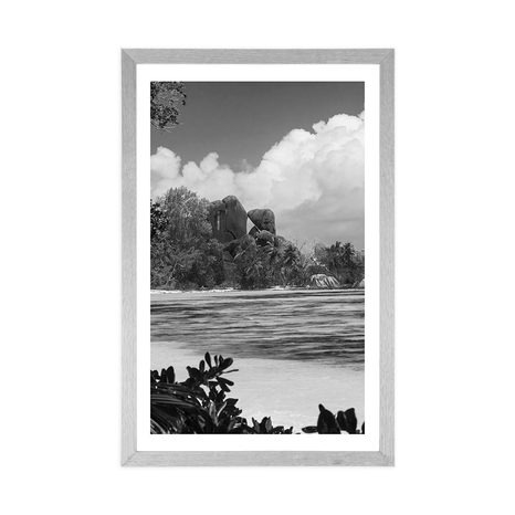 AFFICHE AVEC PASSE-PARTOUT – PLAGE MAGNIFIQUE SUR L'ÎLE DE LA DIGUE EN NOIR ET BLANC - NOIR ET BLANC - AFFICHES