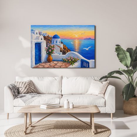 TABLEAU SUR TOILE – CÔTE GRECQUE AU COUCHER DU SOLEIL - TABLEAUX LEVER ET COUCHER DE SOLEIL - TABLEAUX