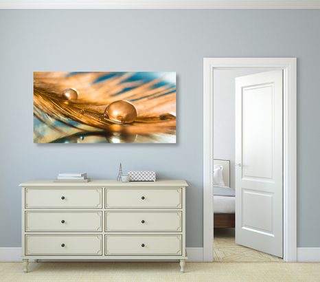WANDBILD WASSERTROPFEN AUF GOLDENER FEDER - STILLLEBEN-BILDER - BILDER