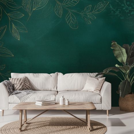 TAPET FRUNZE AURII PE VERDE SMARALD - TAPETE FRUNZE - TAPETURI