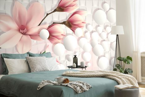 CARTA DA PARATI – MAGNOLIA CON ELEMENTI ASTRATTI - CARTA DA PARATI CON FIORI - CARTA DA PARATI