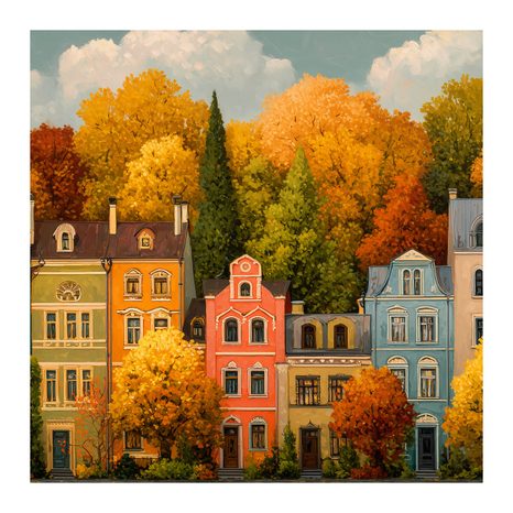 WANDBILD ZAUBER DER HERBSTSTADT - BUNTE HÄUSER - BILDER