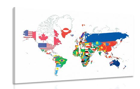 CANVAS PRINT WORLD MAP WITH FLAGS ON A WHITE BACKGROUND - PICTURES OF MAPS - PICTURES