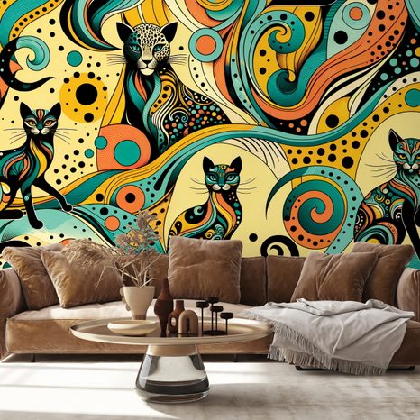 FOTOTAPETE BUNTE ABSTRAKTE KATZEN - TAPETEN MIT TIERMOTIVEN - TAPETEN