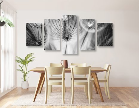 5-TEILIGES WANDBILD LÖWENZAHN IN SCHWARZ-WEISS - SCHWARZ-WEISSE BILDER - BILDER