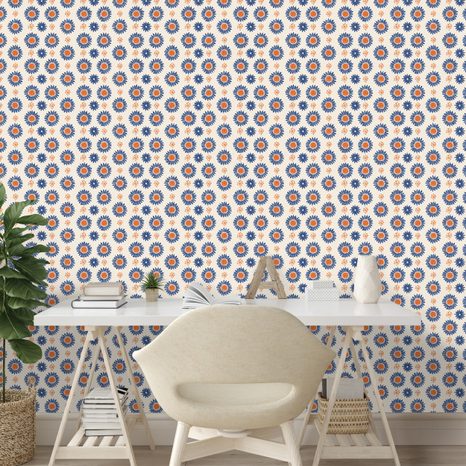SAMOLEPÍCÍ TAPETA ORANŽOVO-MODRÉ KVĚTINOVÉ KRUHY - VZOROVANÉ TAPETY - TAPETY