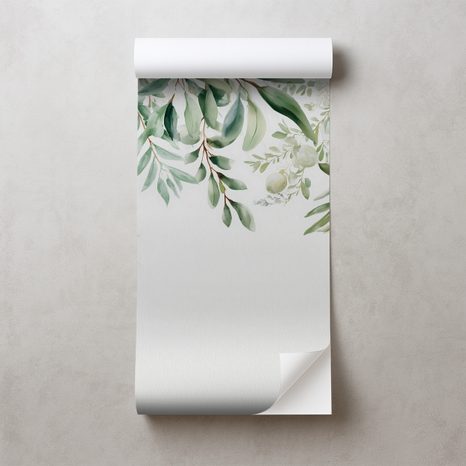 PAPIER PEINT PANORAMIQUE ADHÉSIF – BRANCHES D'OLIVIER VERTES SUR FOND BLANC - PAPIER PEINT FEUILLES - PAPIERS PEINTS PANORAMIQUES