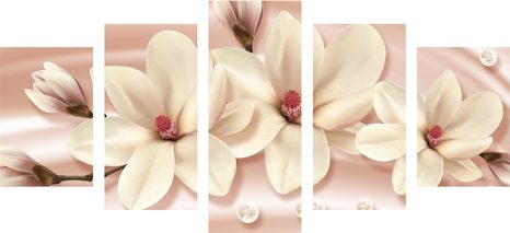 QUADRI 5 PEZZI – MAGNOLIA DI LUSSO CON PERLE - QUADRI DI FIORI - STAMPE E QUADRI