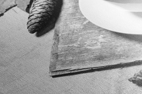 CANVAS PRINT CUP OF COFFEE IN AN AUTUMNAL FEEL IN BLACK AND WHITE - BLACK AND WHITE PICTURES - PICTURES