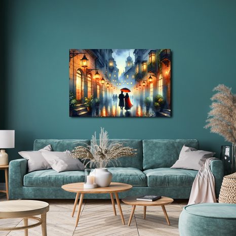 WANDBILD ROMANTISCHER SPAZIERGANG DURCH VERREGNETE STADT - BILDER VON MENSCHEN - BILDER