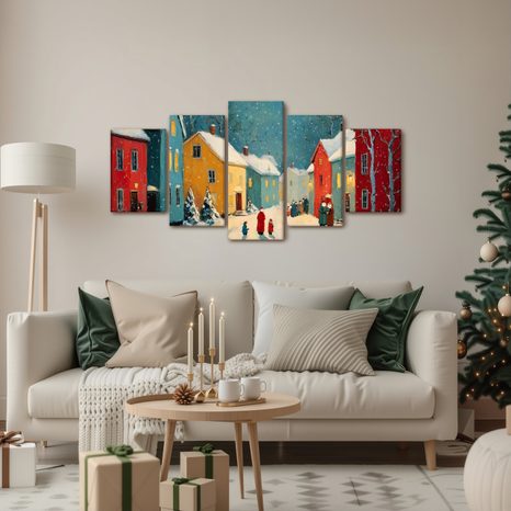 5-DIELNY OBRAZ ZIMNÁ DEDINKA POD SNEHOM - VIANOČNÉ A ZIMNÉ OBRAZY - OBRAZY