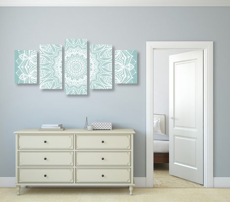 TABLOU 5-PIESE MANDALA ARMONIE PE UN FUNDAL ALBASTRU - TABLOURI FENG SHUI - TABLOURI