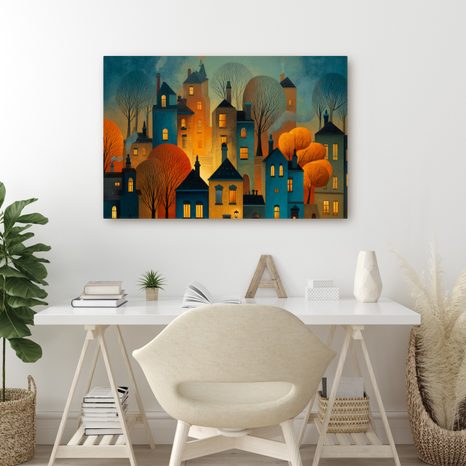 OBRAZ ZIMNÍ POHÁDKA NOČNÍHO MĚSTA - BAREVNÉ DOMY - OBRAZY