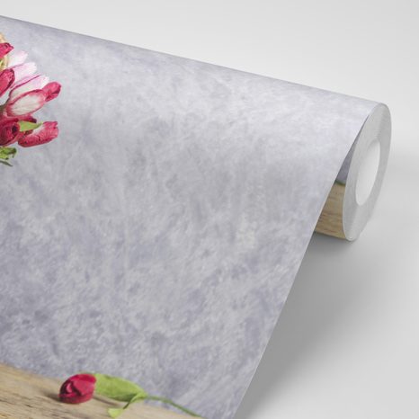 FOTOTAPETE TULPEN IM HOLZKORB - VINTAGE- UND RETRO-TAPETEN - TAPETEN