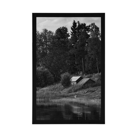 POSTER FAIRY-TALE HOUSES BY THE RIVER IN BLACK AND WHITE - BLACK AND WHITE - POSTERS