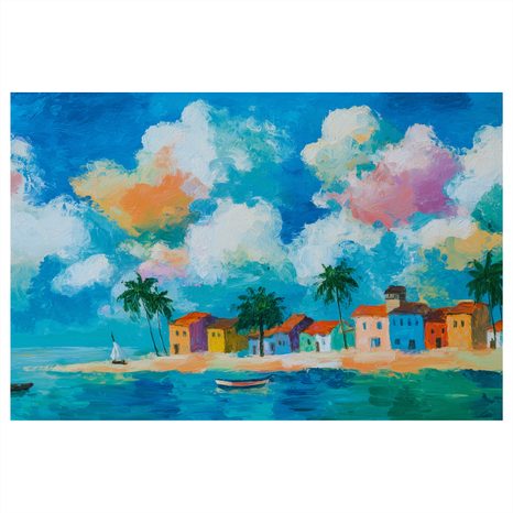 OBRAZ POBŘEŽNÍ VESNICE POD PALMAMI - BAREVNÉ DOMY - OBRAZY