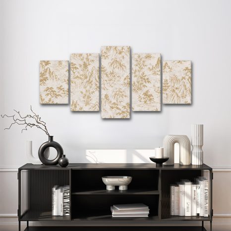 5-TEILIGES WANDBILD GOLDENE ORIENTALISCHE LANDSCHAFT - BILDER MIT FENG SHUI-MOTIVEN - BILDER