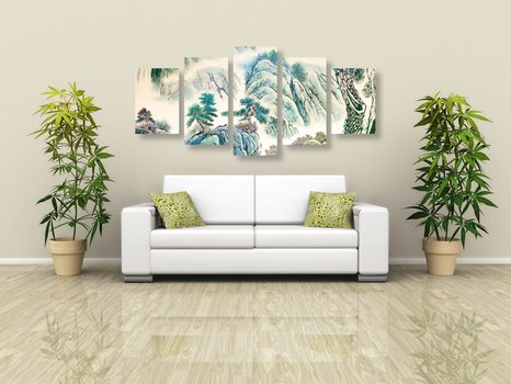 5-TEILIGES WANDBILD CHINESISCHE LANDSCHAFTSMALEREI - WANDBILD IMITATION VON ÖLGEMÄLDE - BILDER