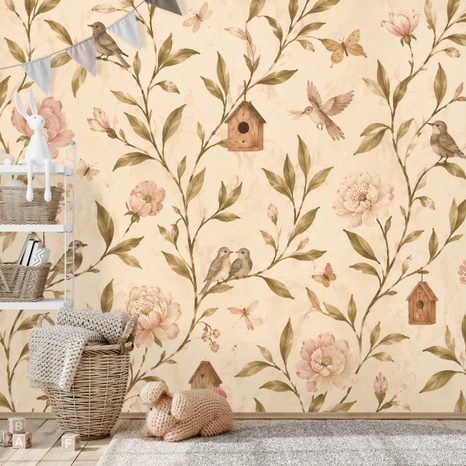 TAPETA VINTAGE KVETY S VTÁČIKMI A BÚDKAMI - TAPETY VTÁKY - TAPETY