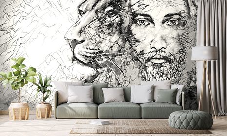 SAMOLEPÍCÍ TAPETA VŠEMOHOUCÍ SE LVEM V ČERNOBÍLÉM PROVEDENÍ - SAMOLEPÍCÍ TAPETY - TAPETY