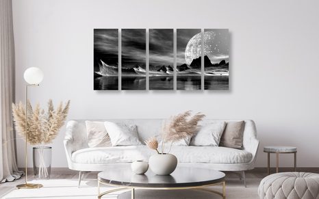 5-TEILIGES WANDBILD FUTURISTISCHER PLANET IN SCHWARZ-WEISS - SCHWARZ-WEISSE BILDER - BILDER