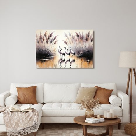 WANDBILD KRANICHE AM SCHILF - BILDER VON VÖGELN - BILDER