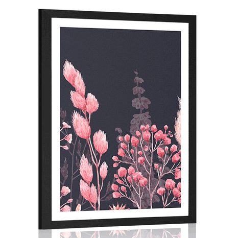 AFFICHE AVEC MONTURE VARIATIONS DE D'HERBE DE COULEUR ROSE - FLEURS - AFFICHES