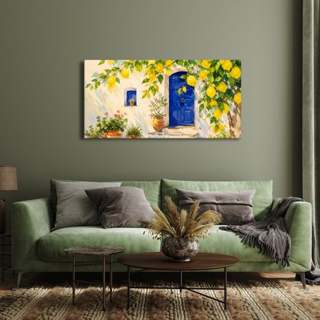TABLEAU SUR TOILE – PORTE BLEUE SOUS LES CITRONS - TABLEAUX DE LA VILLE - TABLEAUX