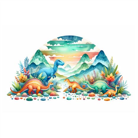 WANDBILD BUNTE DINOSAURIER IN DEN BERGEN - KINDERBILDER TIERE - BILDER