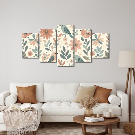 5-TEILIGES WANDBILD VÖGEL ZWISCHEN BLUMEN - BILDER BLUMEN - BILDER