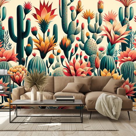 SAMOLEPÍCÍ TAPETA BAREVNÉ KAKTUSY V POUŠTI - TAPETY KVĚTINY - TAPETY