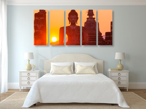 5-DIELNY OBRAZ SOCHA BUDHU UPROSTRED KAMEŇOV - OBRAZY FENG SHUI - OBRAZY