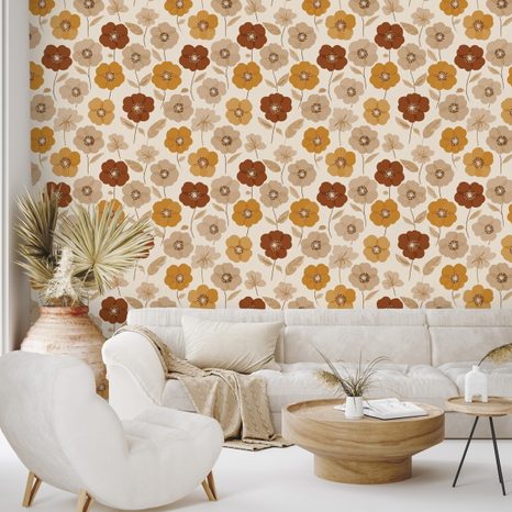 SAMOLEPÍCÍ TAPETA RETRO KVĚTINY V PODZIMNÍCH TÓNECH - VZOROVANÉ TAPETY - TAPETY