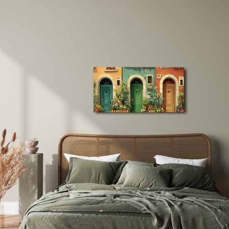 OBRAZ ROMANTICKÉ DVEŘE A KVĚTINY - BAREVNÉ DOMY - OBRAZY