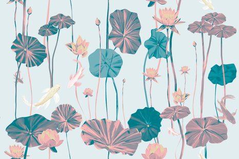 CARTA DA PARATI – NINFEE E PESCI KOI IN VERSIONE CHIARA - CARTA DA PARATI CON FIORI - CARTA DA PARATI