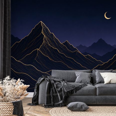 ZELFKLEVEND FOTOBEHANG DONKERE BERGEN MET GOUDEN LIJNEN - FOTOBEHANG BERGEN - FOTOBEHANG