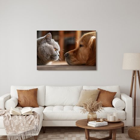 WANDBILD KATZENBLICK UND HUNDEFREUNDSCHAFT - BILDER TIERE - BILDER