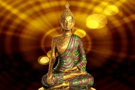 WANDBILD BUDDHA-STATUE MIT ABSTRAKTEM HINTERGRUND - BILDER MIT FENG SHUI-MOTIVEN - BILDER