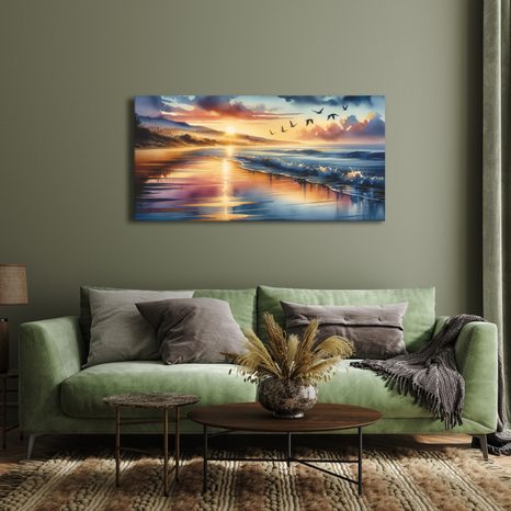 WANDBILD RUHIGER STRAND BEI SONNENUNTERGANG - BILDER VON SONNENAUFGANG UND SONNENUNTERGANG - BILDER